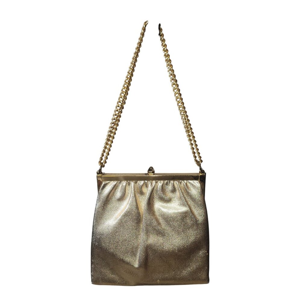 Vintage Gold Evening Bag With Chain Strap & Triangular Front Plate Satin Lined C - Picture 5 of 16